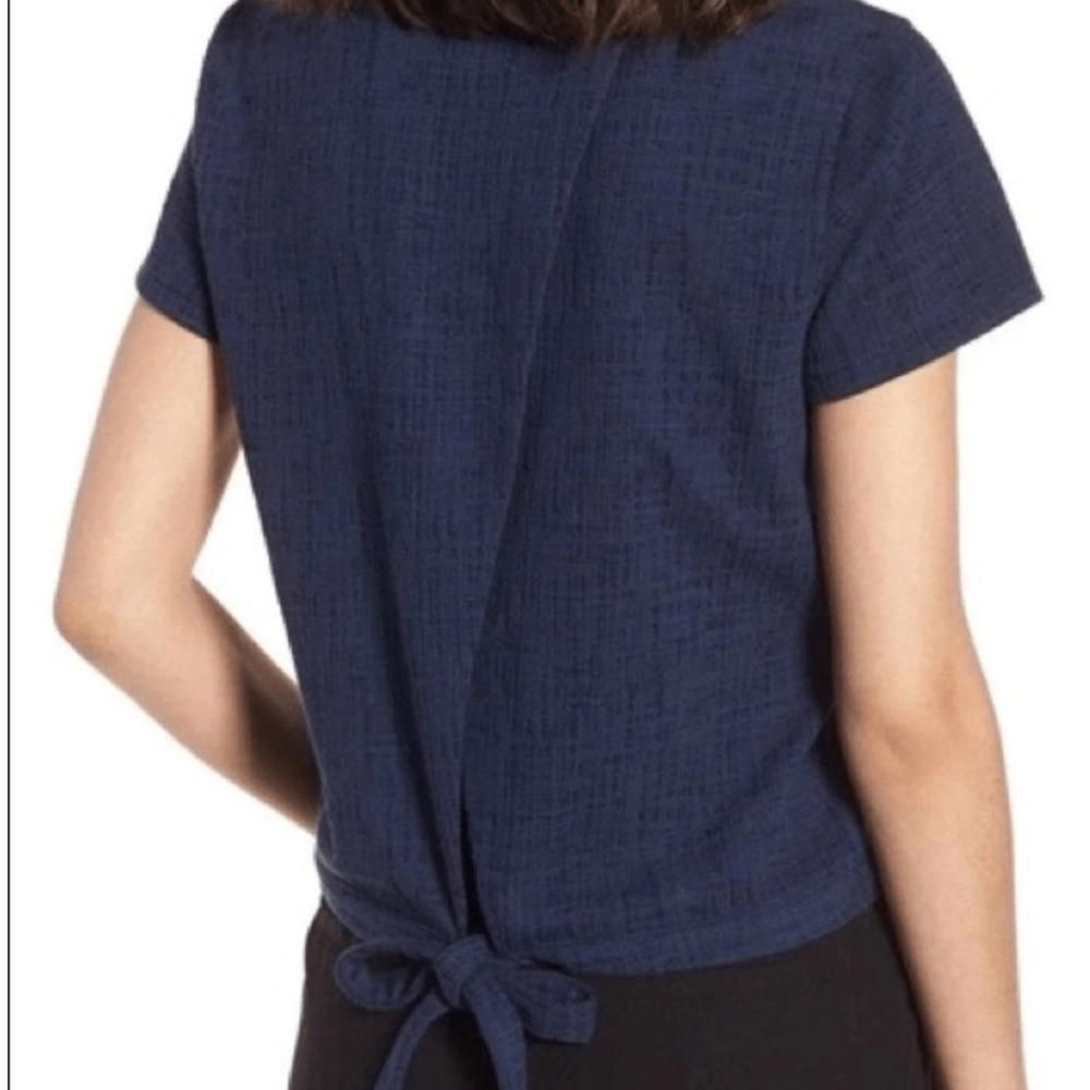 Madewell Navy Blue Textured Open Back Tie Hem Short Sleeve Top XL G1413